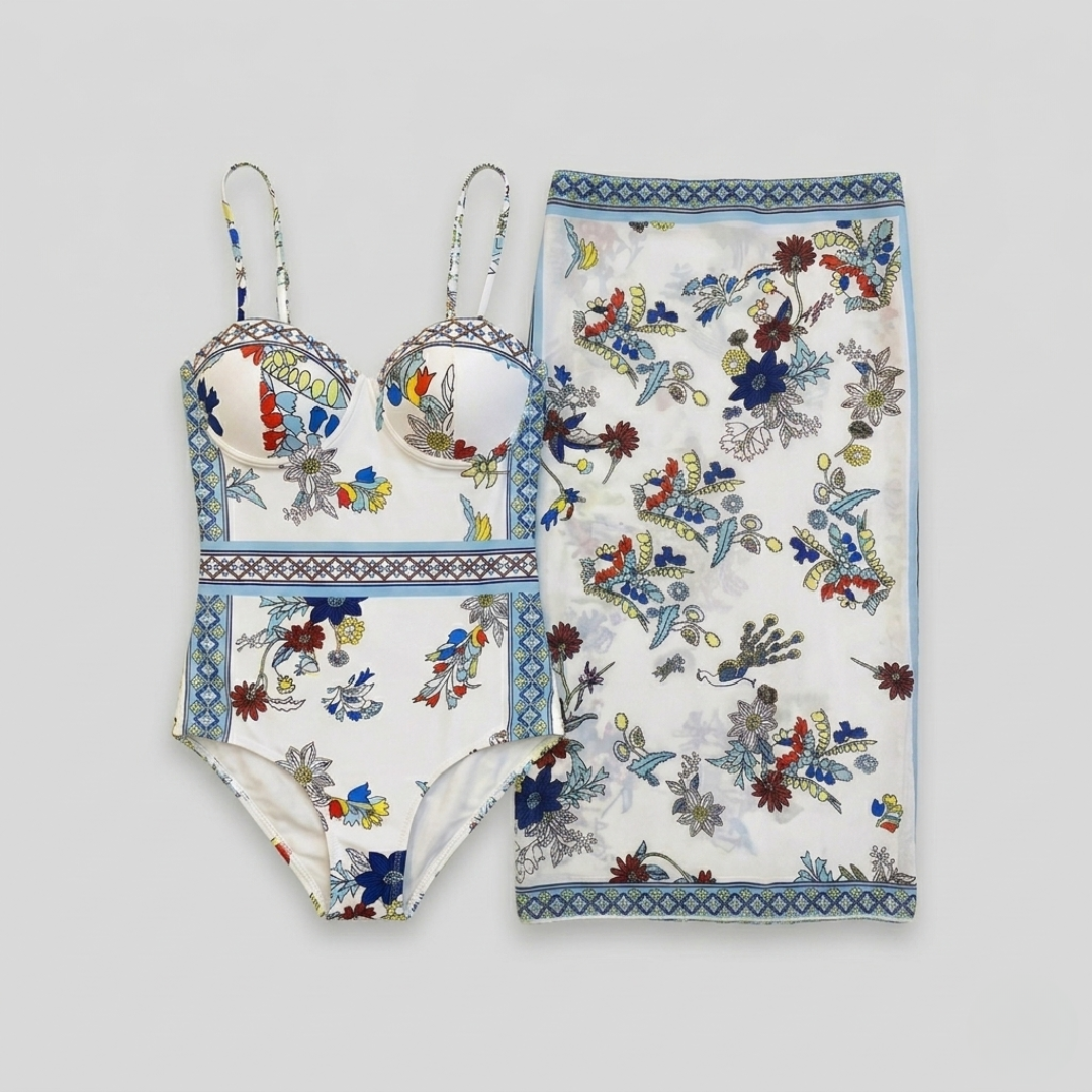 Bandeau-Bikini und Sarong mit floralem Print Weiß