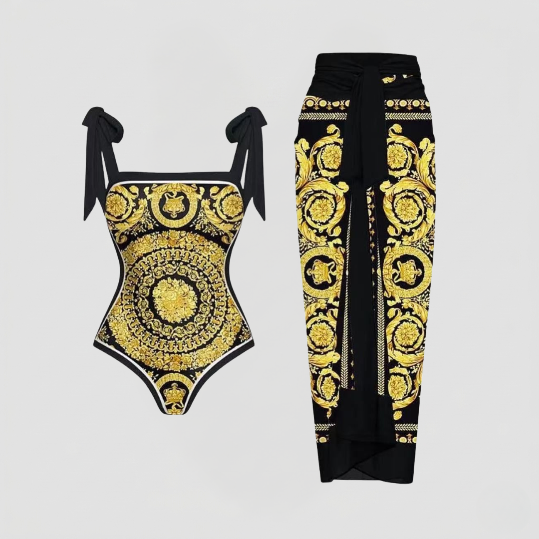 Badeanzug und Sarong mit Barocco Gold Print Schwarz