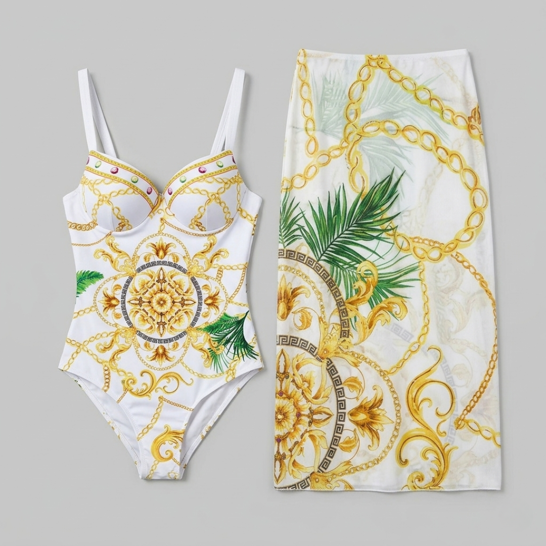 Badeanzug und Sarong mit Barocco Chain Print Weiß