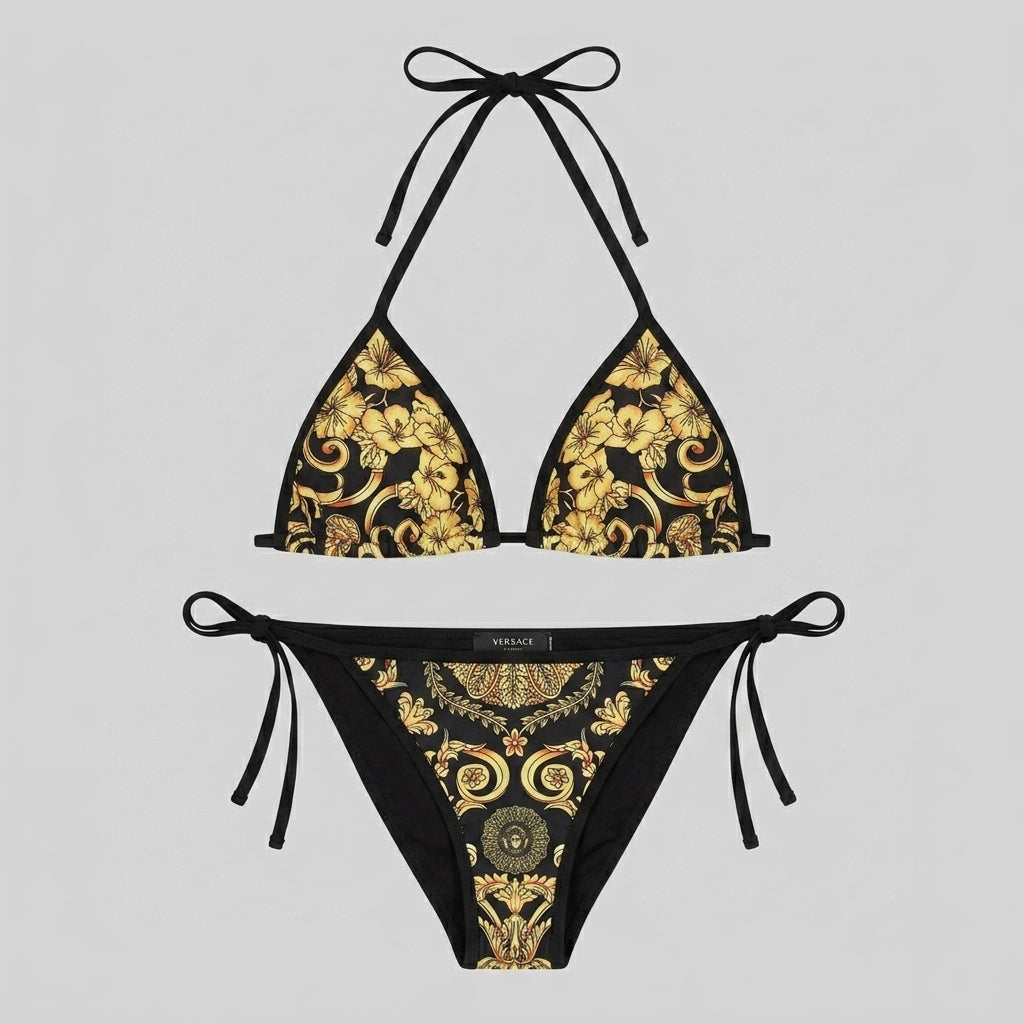 Bikini-Set mit Barocco Hibiscus Print Schwarz