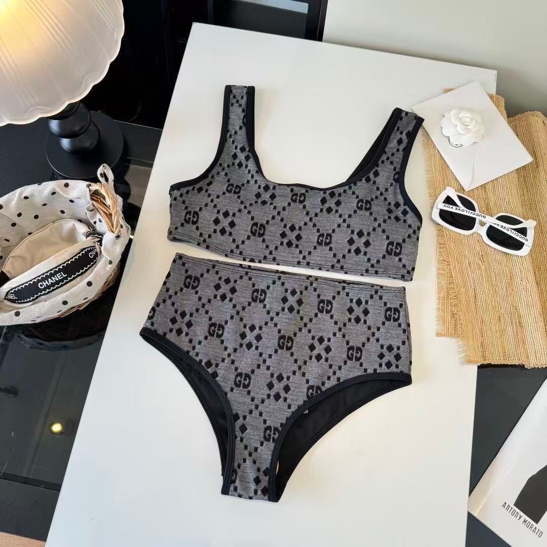 Bikini-Set mit Monogramm Diamant Druck und hoher Taille Schwarz