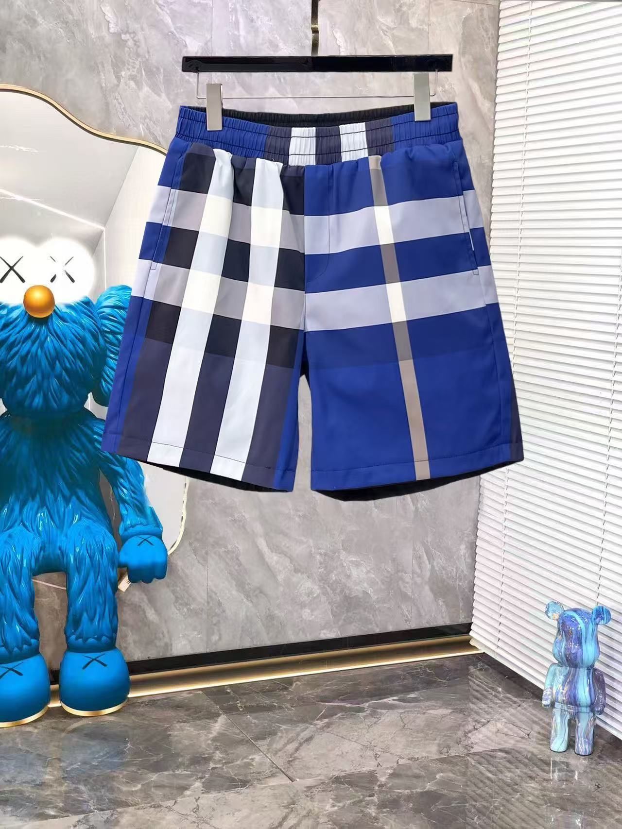 Badehose mit Check-Patchwork Blau und Weiß