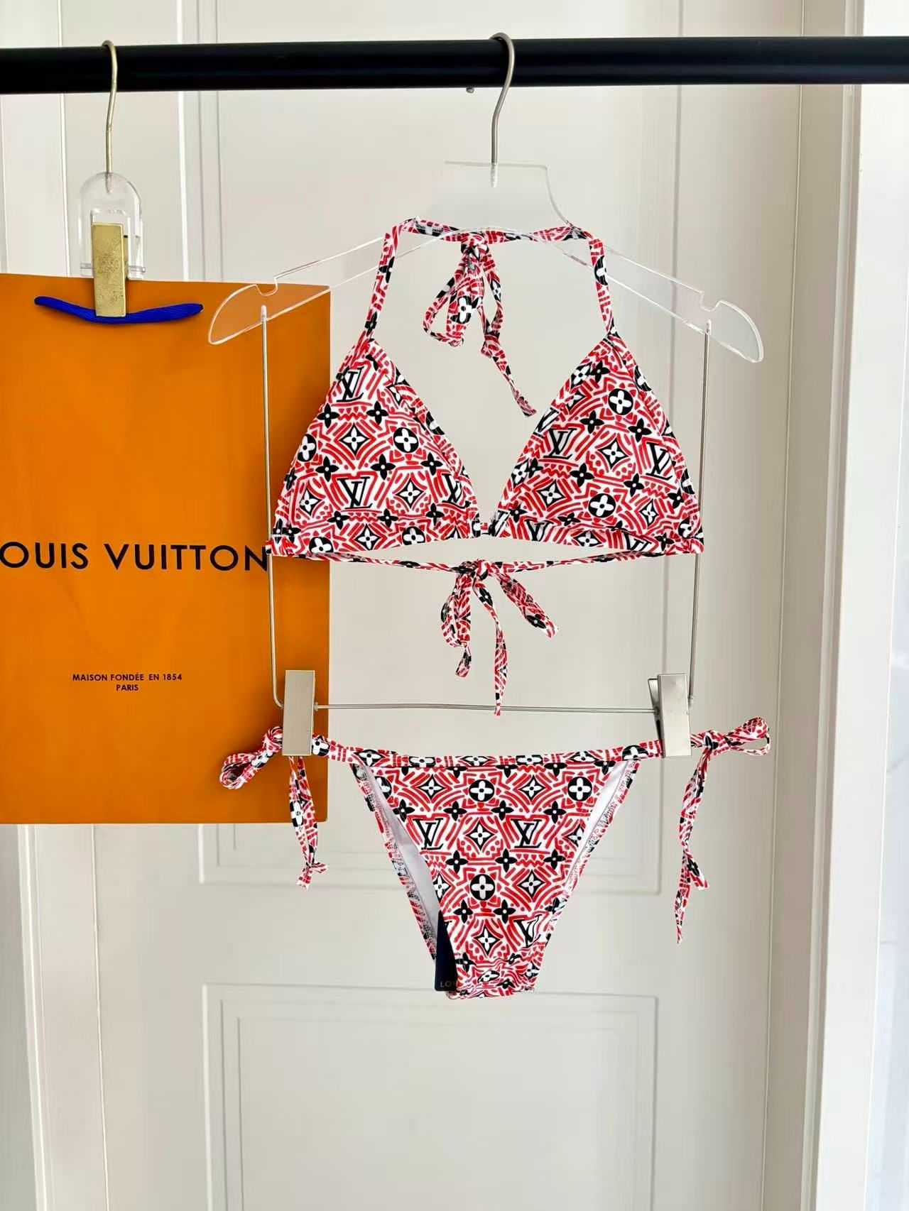 Geometric Monogram Print Bikini Rot/Schwarz