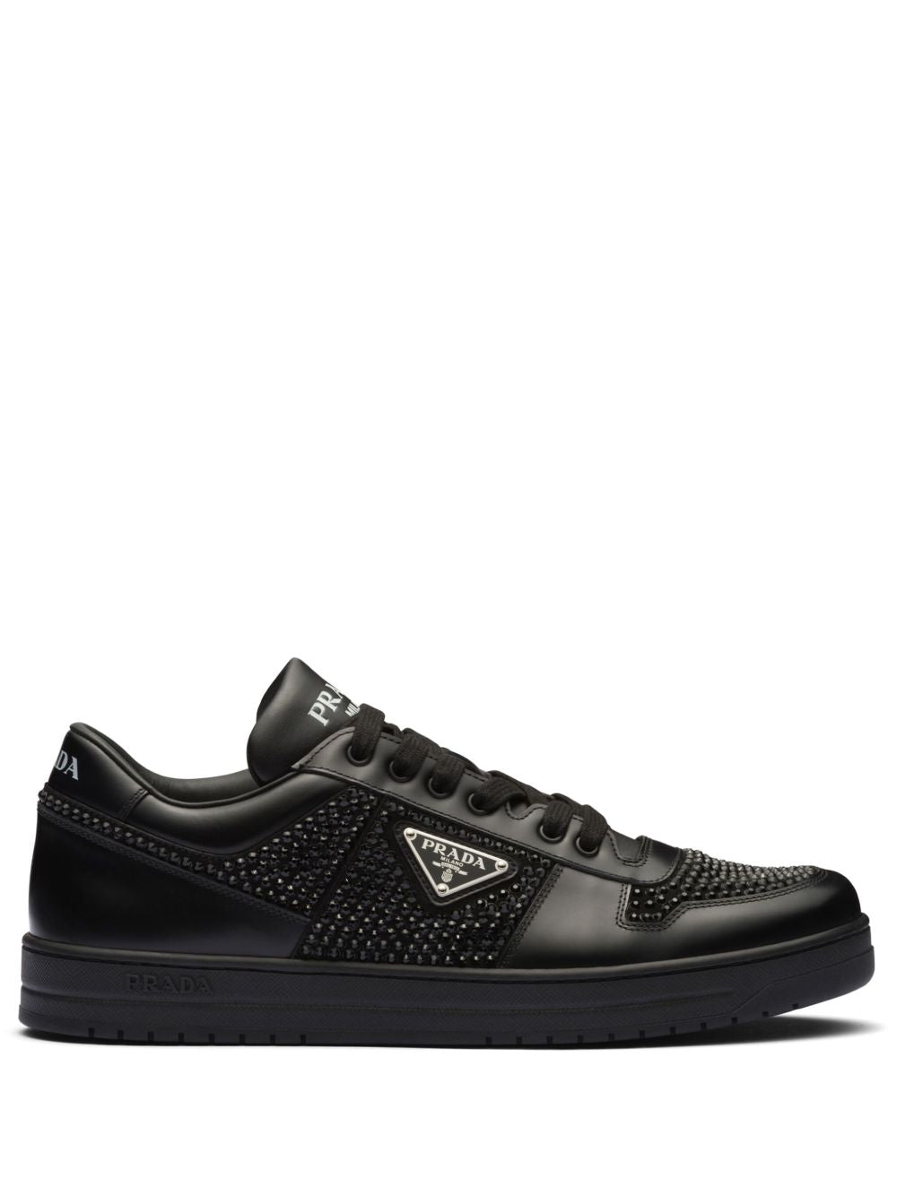 Black leather sneakers with crystal details