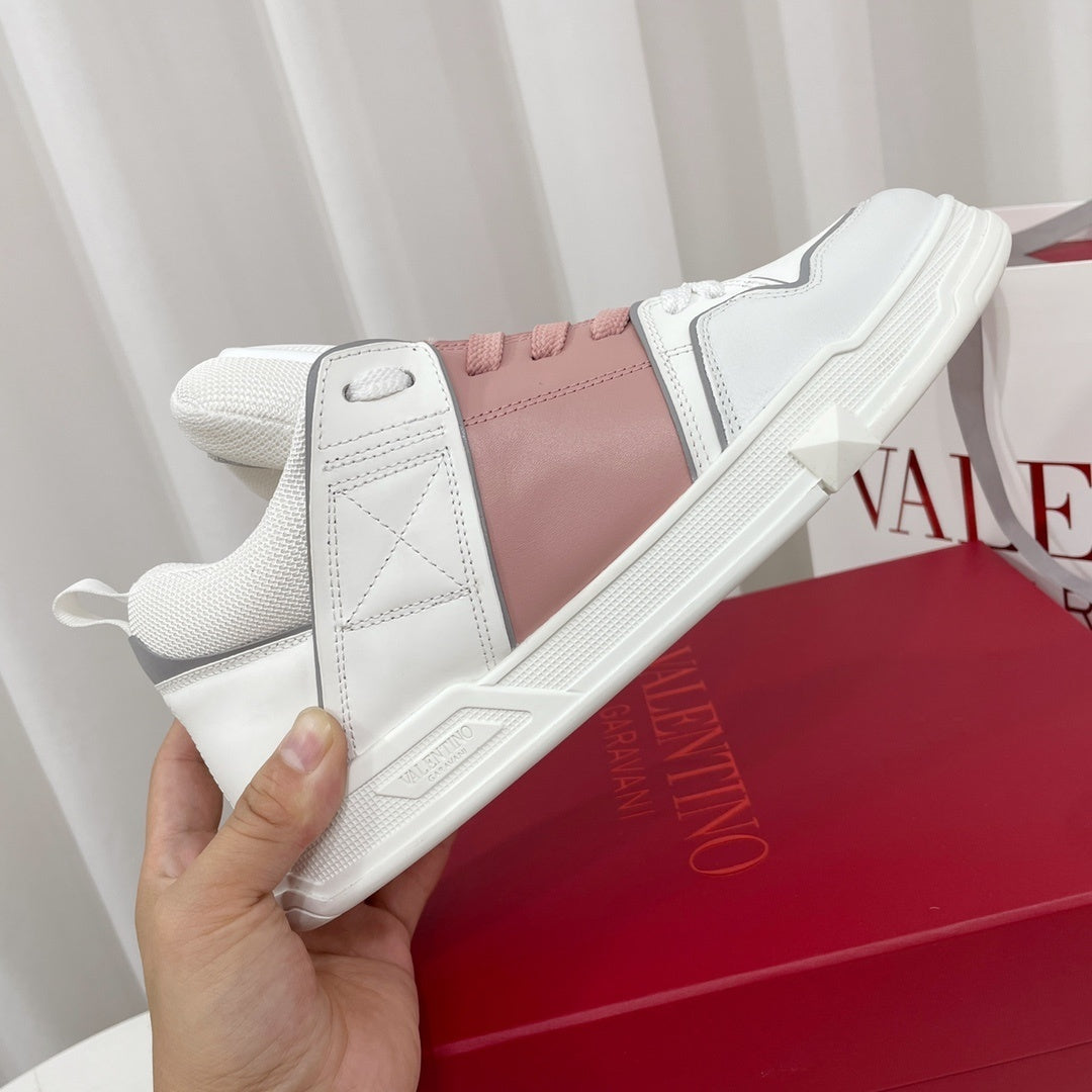 Open Skate low-top sneakers in calfskin leather & fabric, ivory/pink