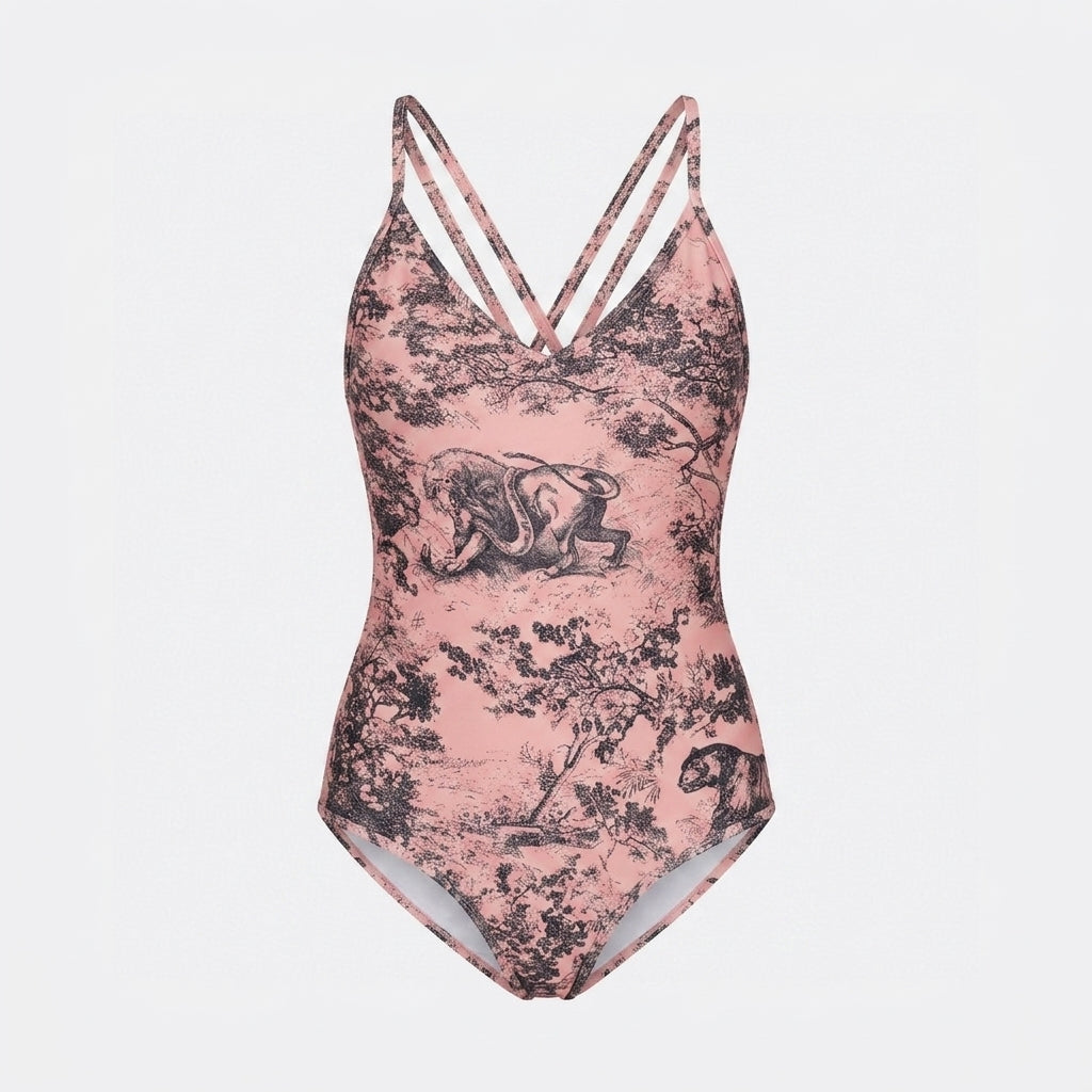 Badeanzug mit Toile-de-Jouy-Print Rosa und Schwarz