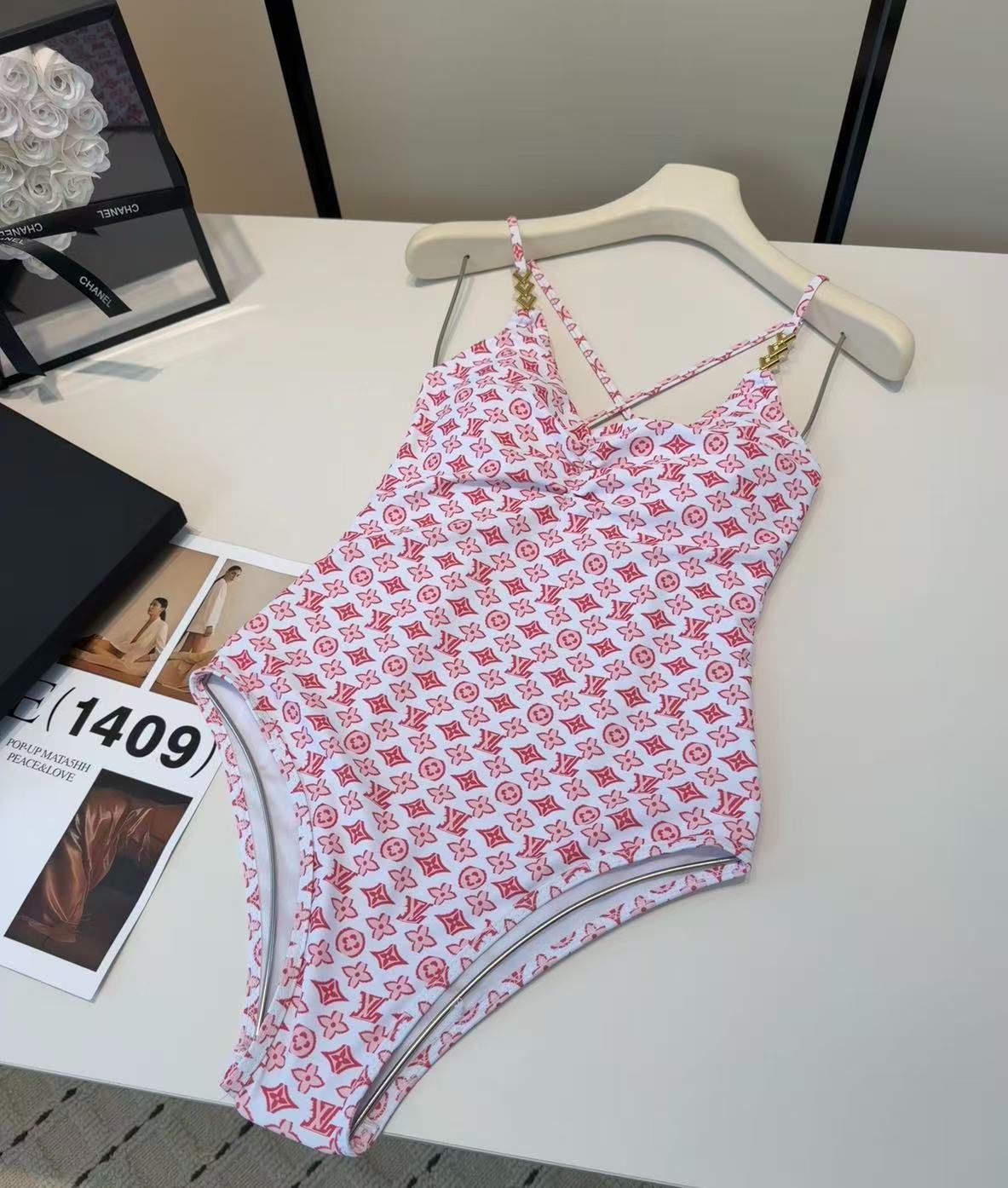 Monogram Print Badeanzug Weiß/Rot