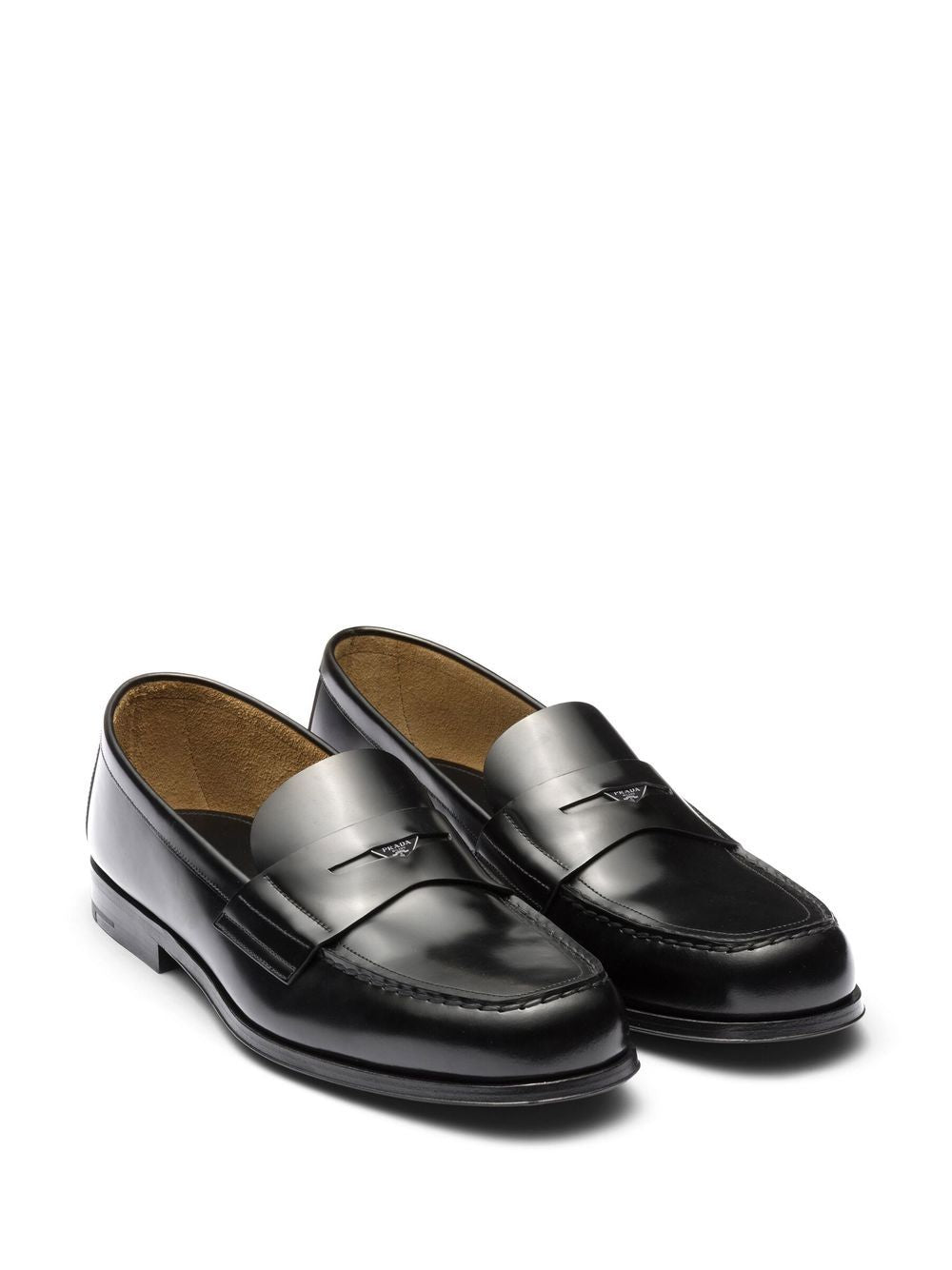 Black leather slipper with logo and plate