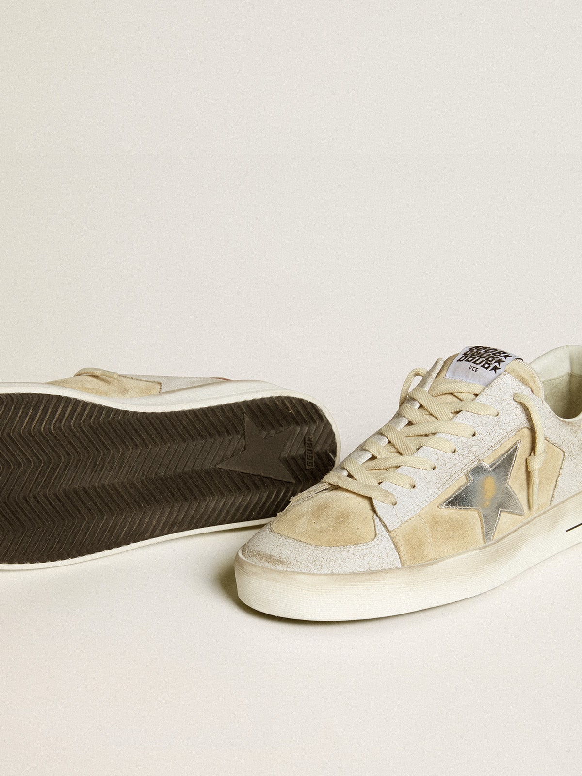 Stardan in nubuck and crackled leather with silver metallic leather star