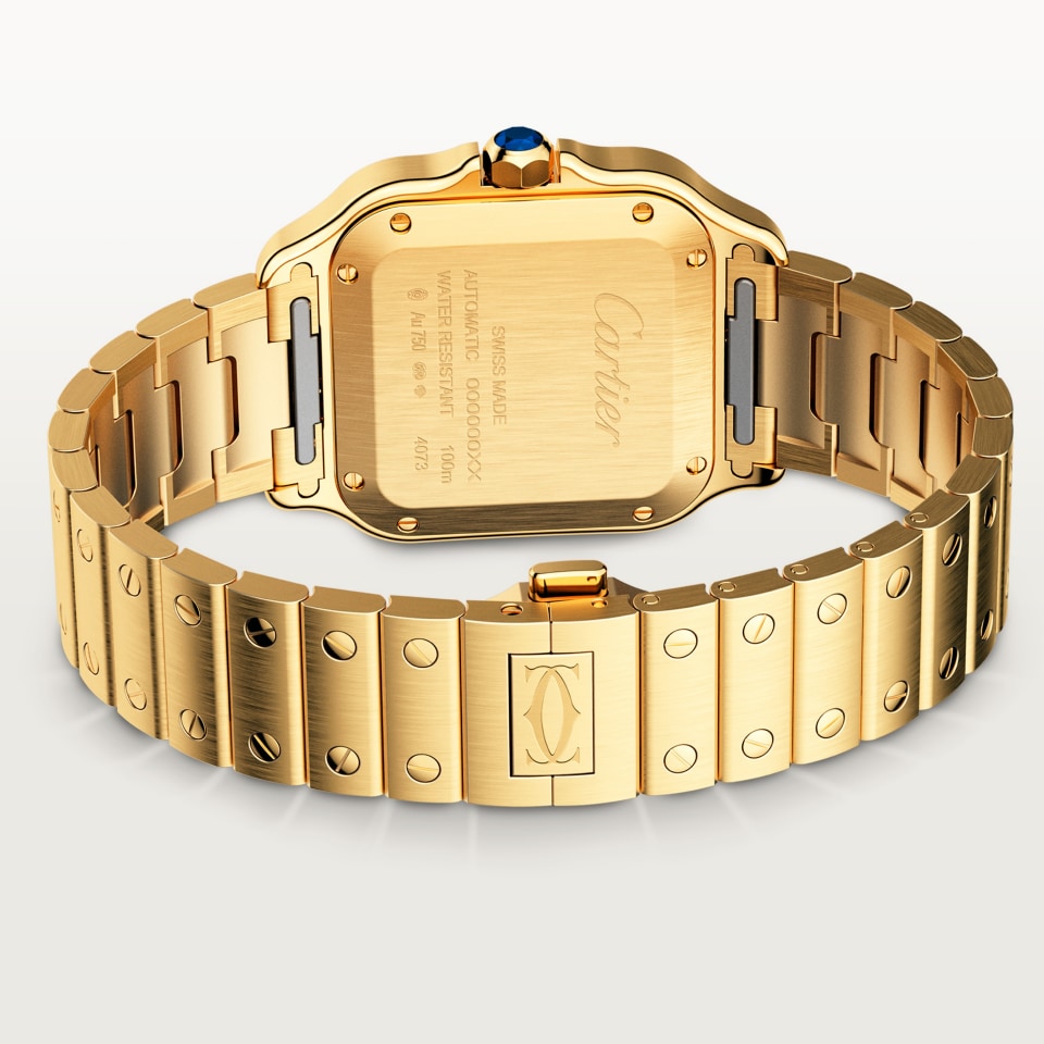 Santos gold watch with silver-colored opaline dial