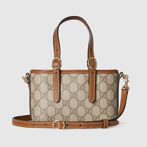 GG Emblem Mini-Tasche aus beigem und braunem Canvas