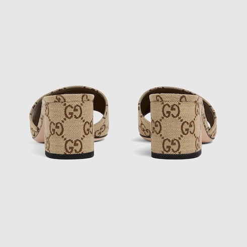 Women's slider sandals with Morsetto in GG fabric in camel and brown