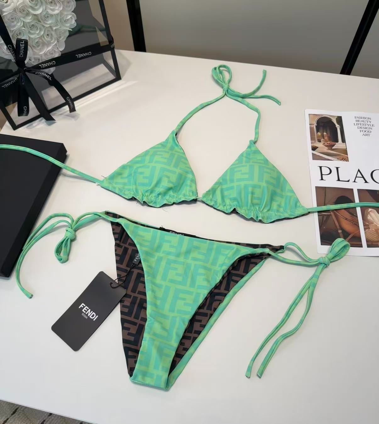 Wendbarer Triangel-Bikini mit FF-Logomuster Mint