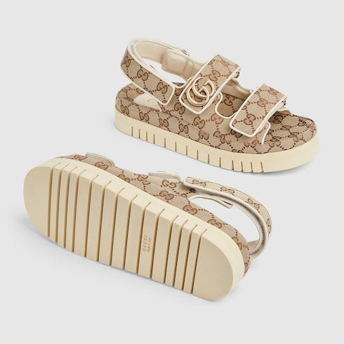 Women's Double G sandals with GG fabric in beige and dark brown