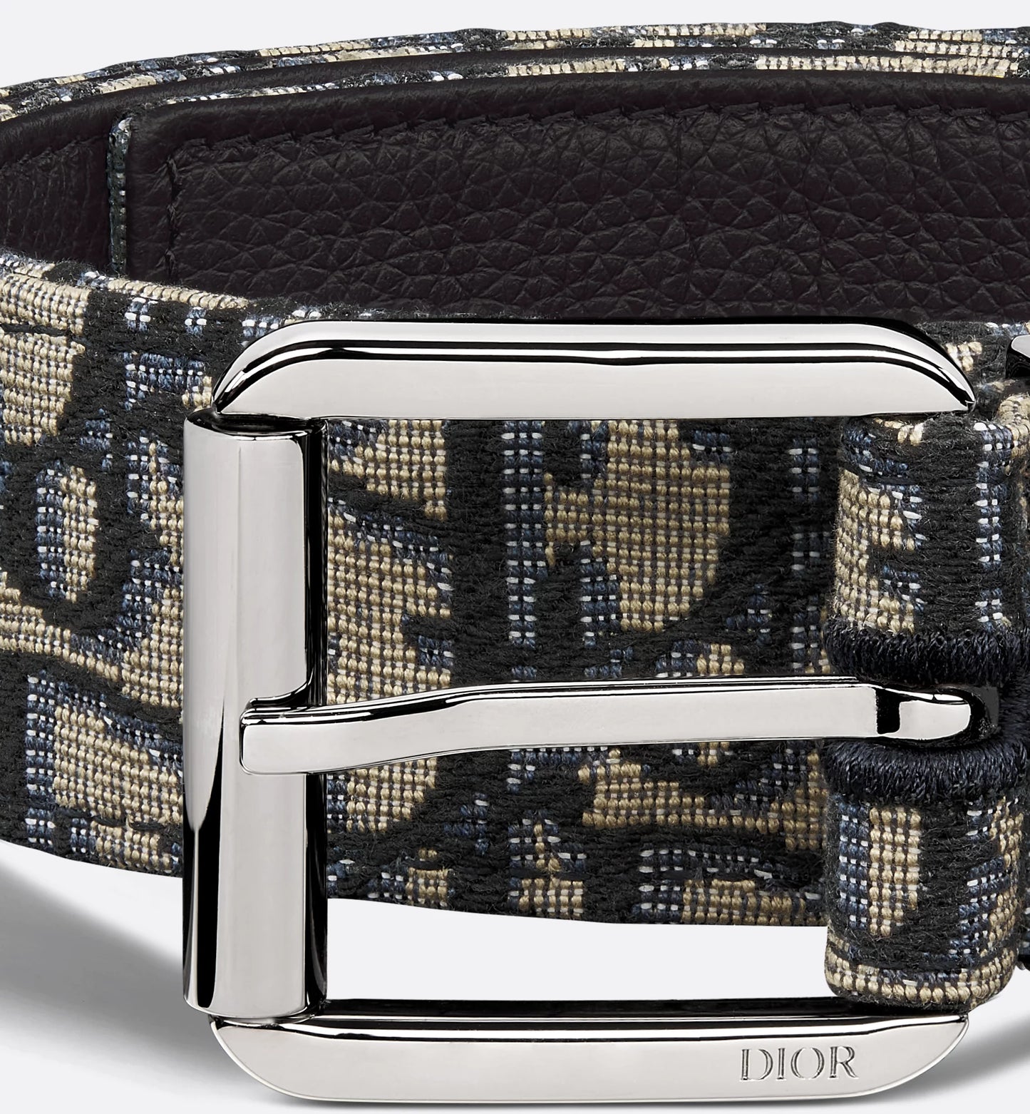 Beige and black oblique jacquard belt with black grained calfskin, 35 mm, men's