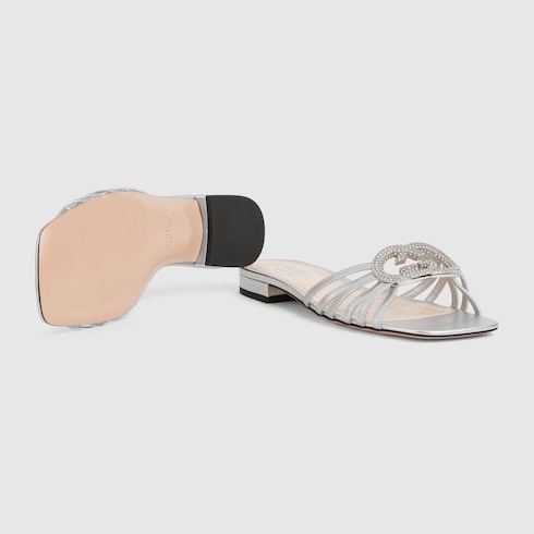 Women's silver leather GG crystal cross-strap slider sandals