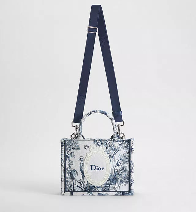 Mini Dior Book Tote with Shoulder Strap with Blue Toile de Jouy Floral Garden Embroidery