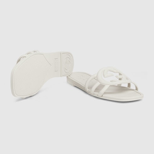 Women's white rubber GG cross-strap slider sandals