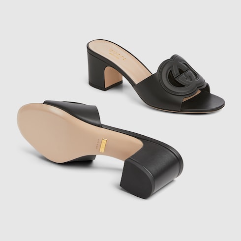 Women's GG Criss-Cross Strap Leather Slider Sandals in Black
