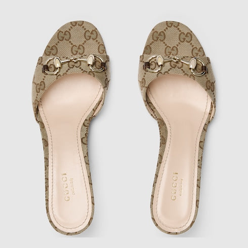 Damen-Slider-Sandalen mit Morsetto aus beigem und braunem Stoff