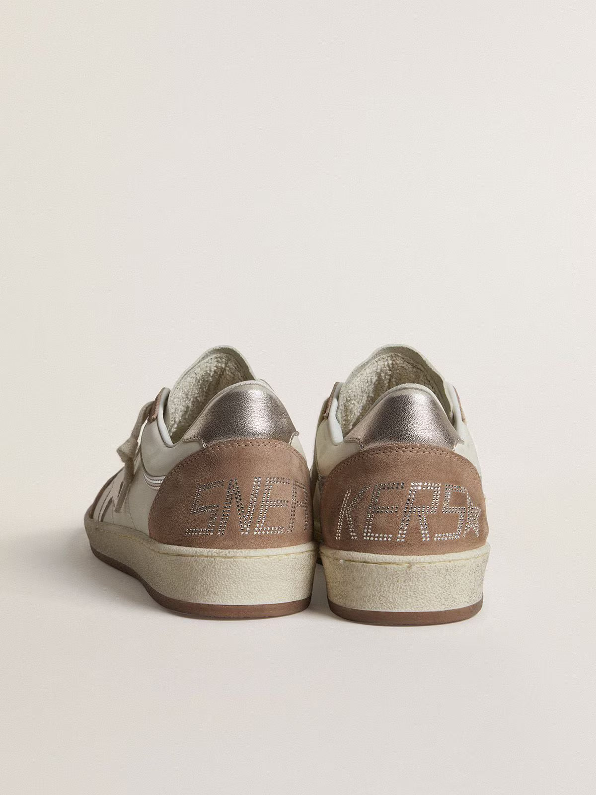LTD in white nappa and old rose suede with star and heel in silver metallic leather
