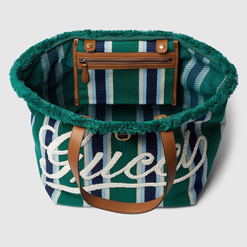 Shopper bag in embroidered green fabric, medium