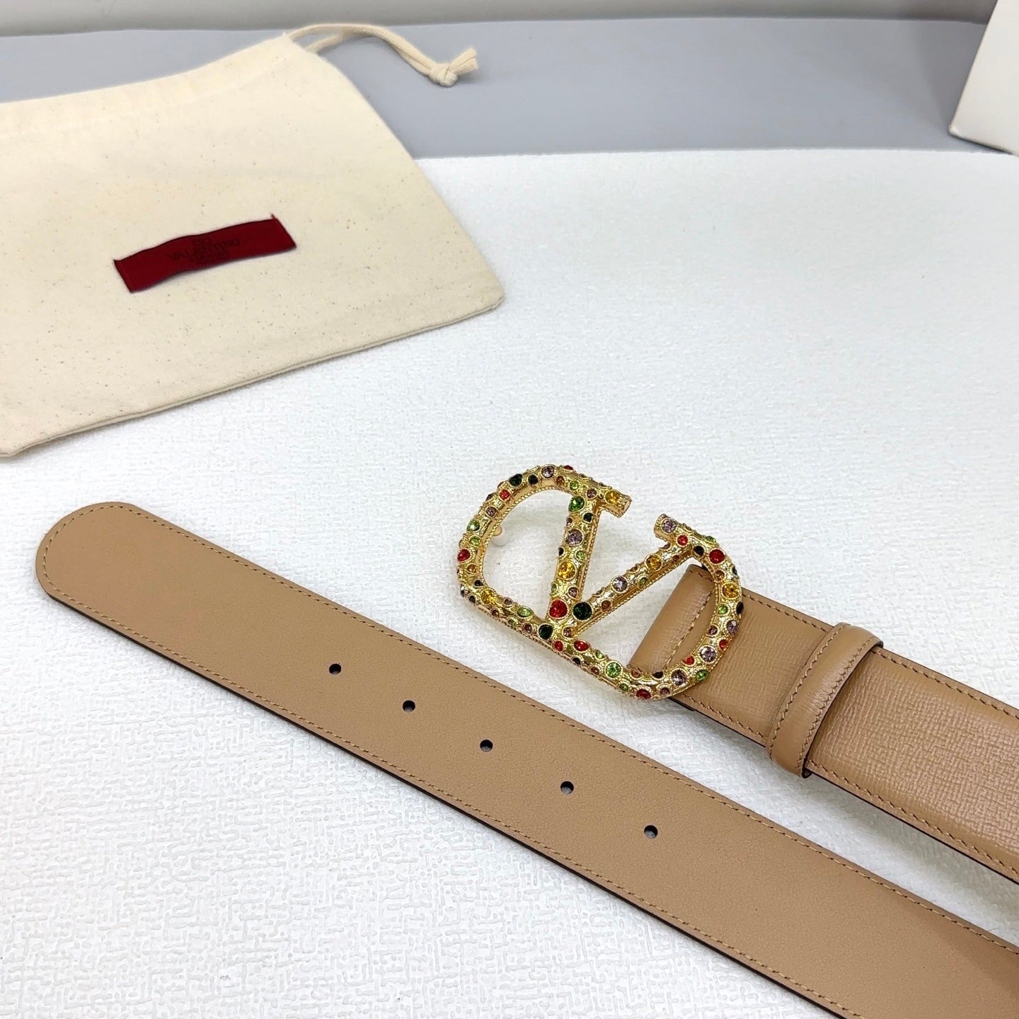 Reversible belt VLogo Signature Beige with multicolored Swarovski crystals