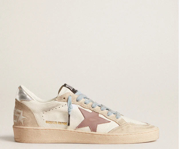 White nappa leather and pearl-colored suede with mauve leather star