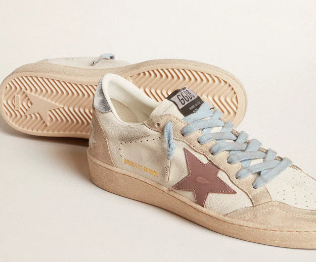 White nappa leather and pearl-colored suede with mauve leather star