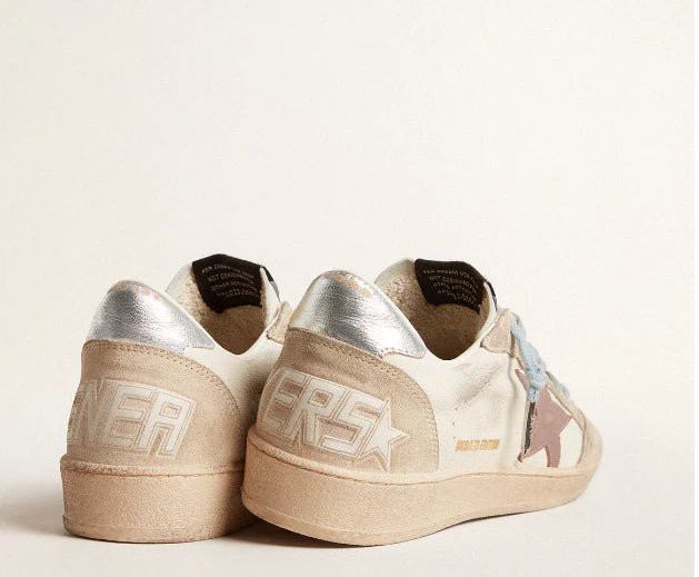 White nappa leather and pearl-colored suede with mauve leather star