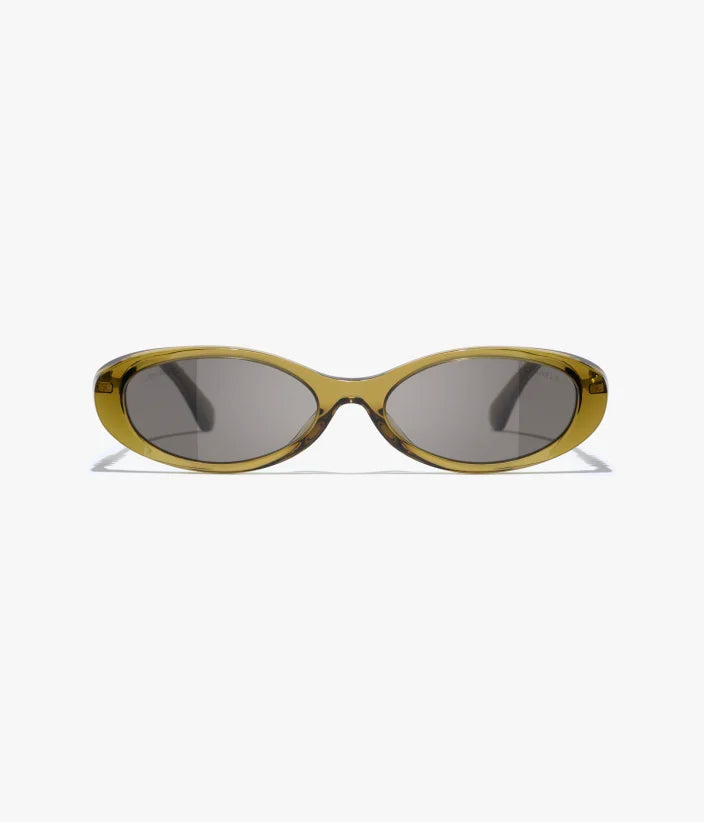 Ovale Sonnenbrille aus Acetat und Metall in Oliv mit dunkelbraunen Gläsern
