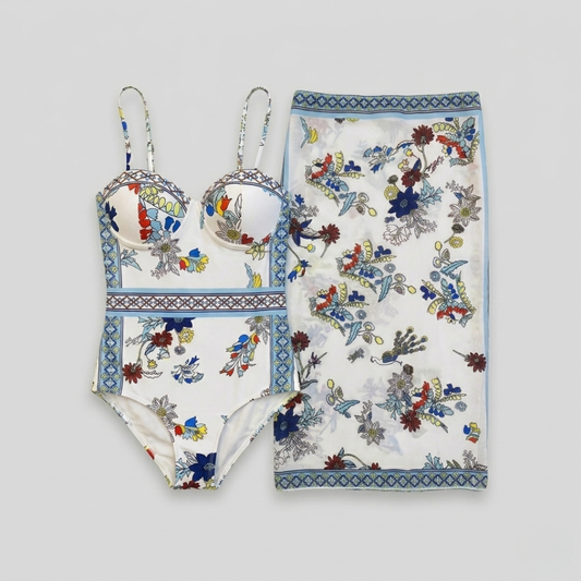 Floral Print Bandeau Bikini and Sarong White