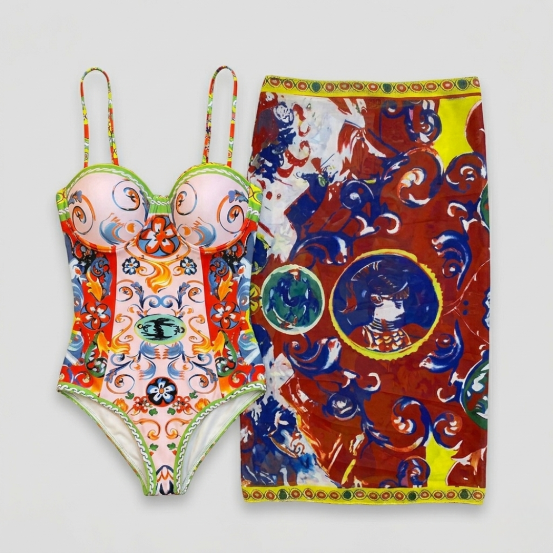 Bandeau-Bikini und Sarong mit mehrfarbigem Print