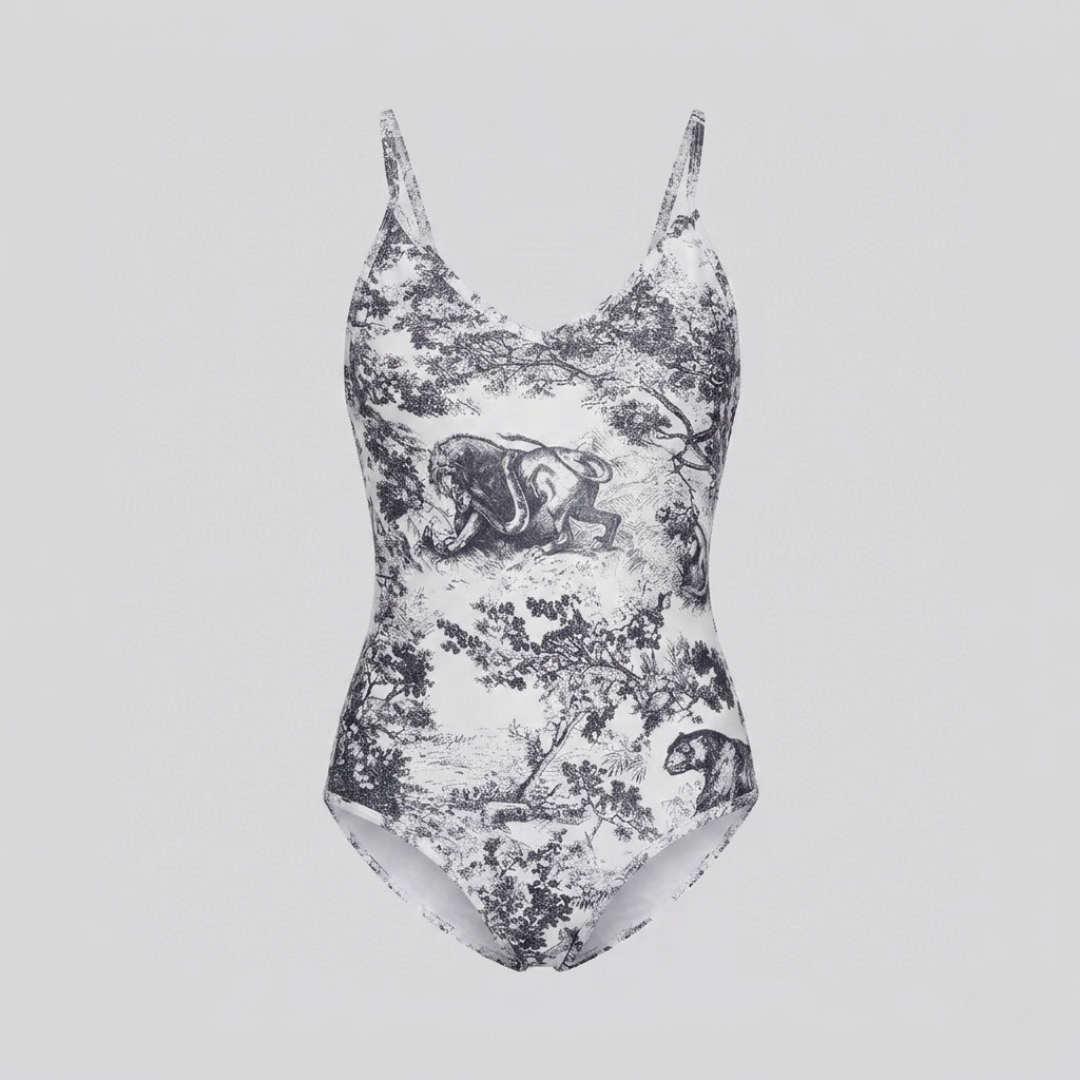 Badeanzug mit Toile-de-Jouy-Print Schwarz