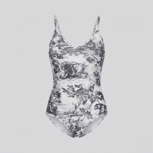 Badeanzug mit Toile-de-Jouy-Print Schwarz
