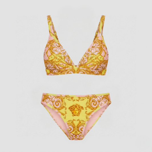 Baroque Medusa Print Bikini Yellow/Pink