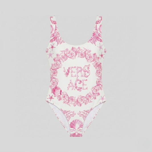 Swimsuit with Navy Logo Print Pink/White