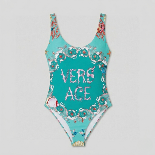 Swimsuit with navy logo print Turquoise