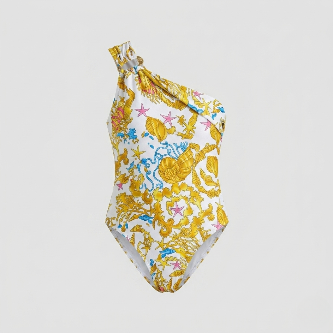 Asymmetrischer Badeanzug mit Marine-Schätze-Print Weiß
