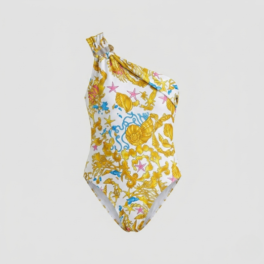 Asymmetric Swimsuit with Marine Treasures Print White