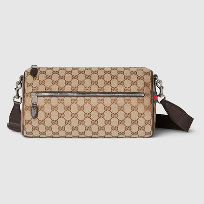 Small cylindrical bag made of GG fabric in beige and dark brown