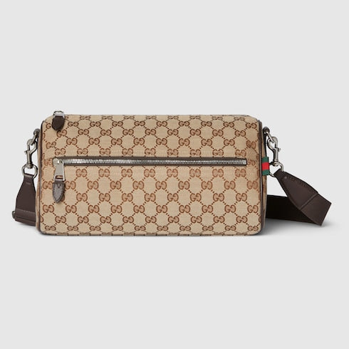 Small cylindrical bag made of GG fabric in beige and dark brown