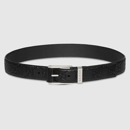 Belt with embossed GG motif and square buckle in black