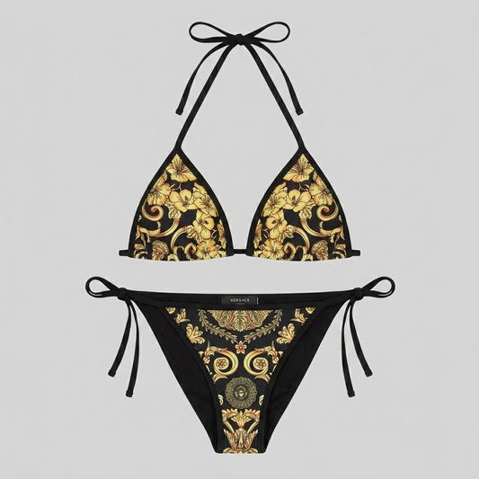 Bikini set with Barocco Hibiscus print in black