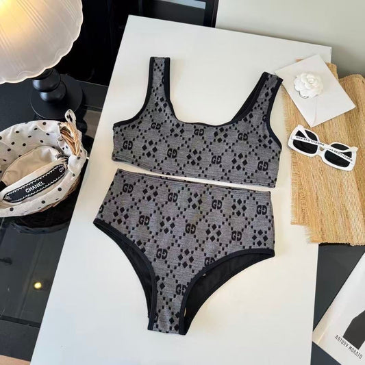 Bikini-Set mit Monogramm Diamant Druck und hoher Taille Schwarz