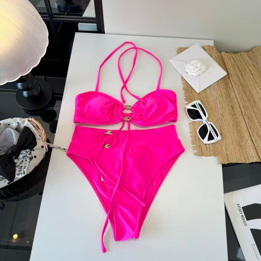 Triomphe High-Waist-Bikini-Set Neonrosa mit goldenen Details