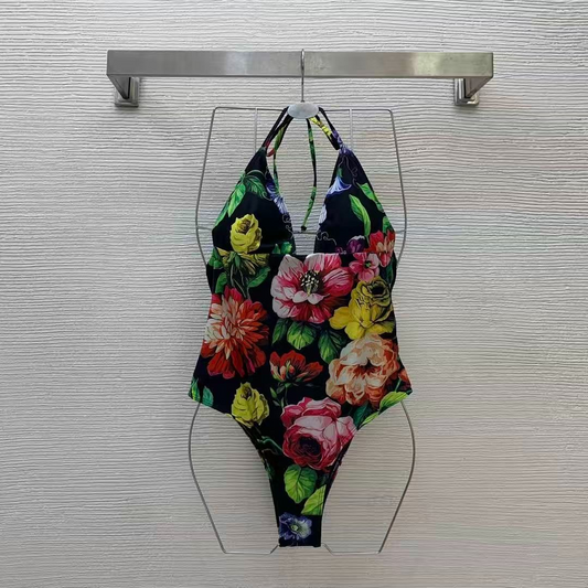 Neckholder-Badeanzug mit botanischem Blumen-Print