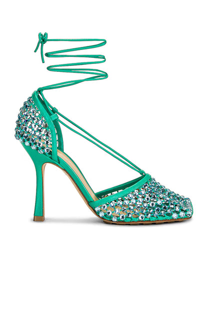 Sandals with elasticated straps, rhinestones and 90 mm lacing in vibrant turquoise