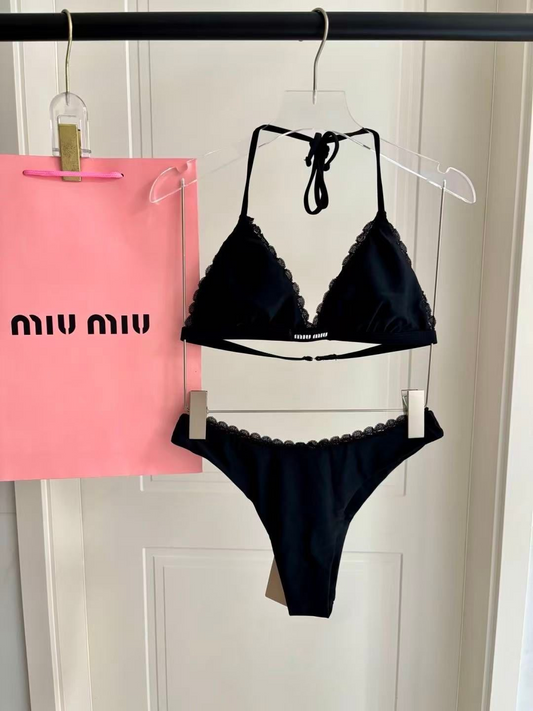 Bikini-Set mit Besticktem Saum Schwarz