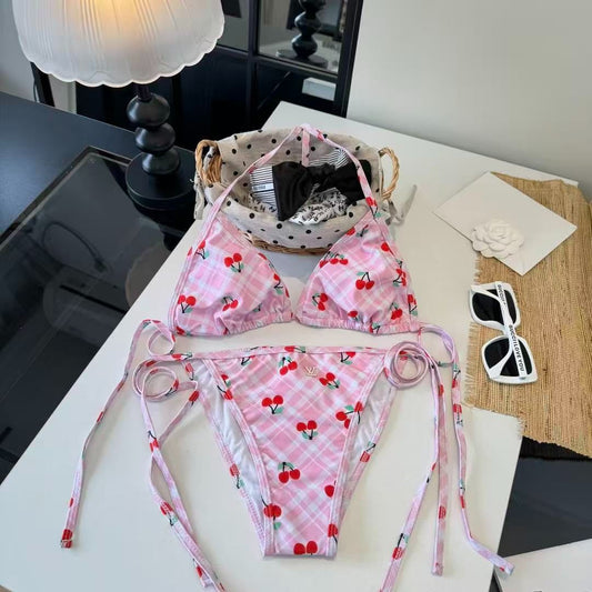 Gingham Cherry Print Bikini Rosa